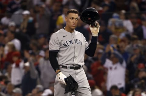 BOSTON, MASSACHUSETTS - OCTOBER 05: Aaron Judge #99 of the New York Yankees reacts after flying out against the Boston Red Sox to end the third inning of the American League Wild Card game at Fenway Park on October 05, 2021 in Boston, Massachusetts. (Photo by Winslow Townson/Getty Images)