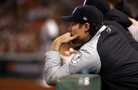 BOSTON, MASSACHUSETTS - OCTOBER 05: Gerrit Cole #45 of the New York Yankees looks on against the Boston Red Sox during the seventh inning of the American League Wild Card game at Fenway Park on October 05, 2021 in Boston, Massachusetts. (Photo by Winslow Townson/Getty Images)