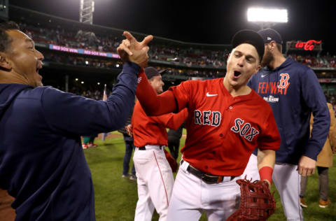 BOSTON, MASSACHUSETTS - OCTOBER 05: Enrique Hernandez #5 of the Boston Red Sox reacts after beating the New York Yankees 6-2 in the American League Wild Card game at Fenway Park on October 05, 2021 in Boston, Massachusetts. (Photo by Maddie Meyer/Getty Images)