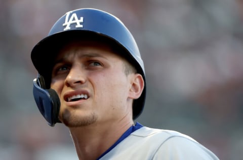 SAN FRANCISCO, CALIFORNIA - OCTOBER 14: Corey Seager #5 of the Los Angeles Dodgers reacts after his line drive out against the San Francisco Giants during the first inning in game 5 of the National League Division Series at Oracle Park on October 14, 2021 in San Francisco, California. (Photo by Harry How/Getty Images)