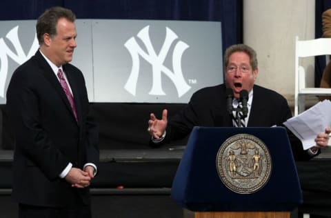 NEW YORK - NOVEMBER 06: New York Yankees broadcasters Michael Kay (L) and John Sterling speak during the New York Yankees World Series Victory Celebration at City Hall on November 6, 2009 in New York, New York. (Photo by Jim McIsaac/Getty Images)