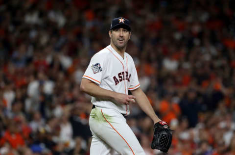 HOUSTON, TEXAS - OCTOBER 23: Justin Verlander #35 of the Houston Astros reacts against the Washington Nationals during the seventh inning in Game Two of the 2019 World Series at Minute Maid Park on October 23, 2019 in Houston, Texas. (Photo by Elsa/Getty Images)