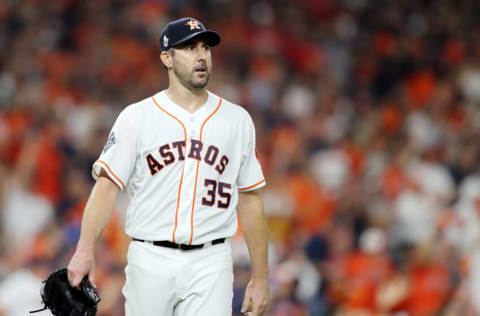 HOUSTON, TEXAS - OCTOBER 29: Justin Verlander #35 of the Houston Astros reacts against the Washington Nationals during the fourth inning in Game Six of the 2019 World Series at Minute Maid Park on October 29, 2019 in Houston, Texas. (Photo by Elsa/Getty Images)