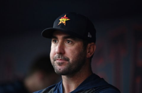 WEST PALM BEACH, FLORIDA - FEBRUARY 22: Justin Verlander #35 of the Houston Astros looks on during the spring training game against the Washington Nationals at FITTEAM Ballpark of the Palm Beaches on February 22, 2020 in West Palm Beach, Florida. (Photo by Mark Brown/Getty Images)