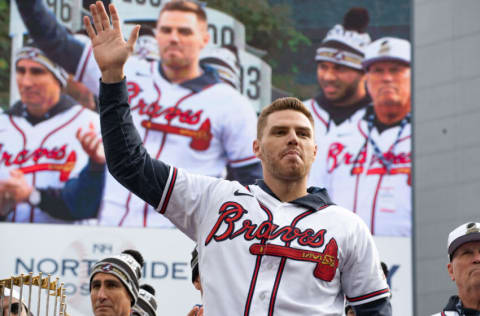 ATLANTA, GA - NOVEMBER 05: Freddie Freeman and other members of the Atlanta Braves team speak following the World Series Parade at Truist Park on November 5, 2021 in Atlanta, Georgia. The Atlanta Braves won the World Series in six games against the Houston Astros winning their first championship since 1995. (Photo by Megan Varner/Getty Images)