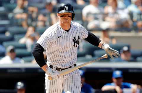 NEW YORK, NEW YORK - JUNE 24: (NEW YORK DAILIES OUT) Clint Frazier #77 of the New York Yankees in action against the Kansas City Royals at Yankee Stadium on June 24, 2021 in New York City. The Yankees defeated the Royals 8-1. (Photo by Jim McIsaac/Getty Images)