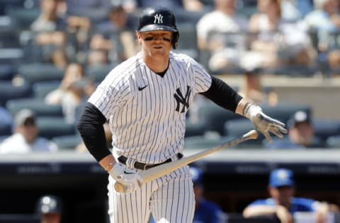 NEW YORK, NEW YORK - JUNE 24: (NEW YORK DAILIES OUT) Clint Frazier #77 of the New York Yankees in action against the Kansas City Royals at Yankee Stadium on June 24, 2021 in New York City. The Yankees defeated the Royals 8-1. (Photo by Jim McIsaac/Getty Images)