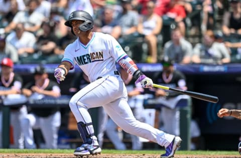 DENVER, CO - JULY 11: Jasson Dominguez #25 of American League Futures Team bats against the National League Futures Team at Coors Field on July 11, 2021 in Denver, Colorado.(Photo by Dustin Bradford/Getty Images)