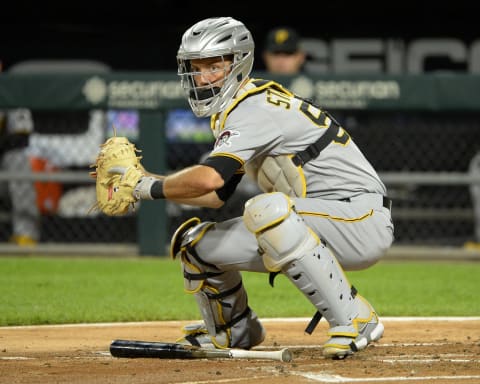 Jacob Stallings of the Pittsburgh Pirates (Photo by Ron Vesely/Getty Images)