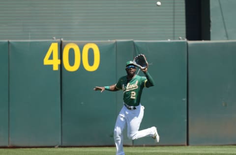 OAKLAND, CALIFORNIA - SEPTEMBER 12: Starling Marte #2 of the Oakland Athletics catches a fly ball off the bat of Isiah Kiner-Falefa #9 of the Texas Rangers in the top of the fourth inning at RingCentral Coliseum on September 12, 2021 in Oakland, California. (Photo by Thearon W. Henderson/Getty Images)