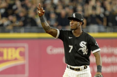 CHICAGO - OCTOBER 10: Tim Anderson #7 of the Chicago White Sox looks on during Game Three of the American League Division Series against the Houston Astros on October 10, 2021 at Guaranteed Rate Field in Chicago, Illinois. (Photo by Ron Vesely/Getty Images)