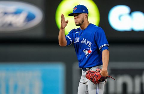 MINNEAPOLIS, MN - SEPTEMBER 24: Jose Berrios #17 of the Toronto Blue Jays looks on against the Minnesota Twins on September 24, 2021 at Target Field in Minneapolis, Minnesota. (Photo by Brace Hemmelgarn/Minnesota Twins/Getty Images)