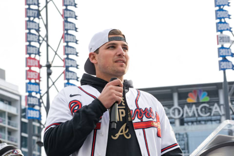 Third basemen Austin Riley and members of the Atlanta Braves (Photo by Megan Varner/Getty Images)