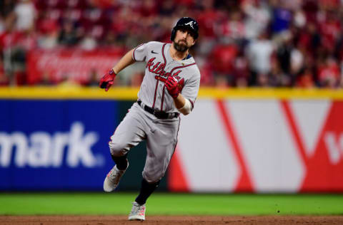 CINCINNATI, OHIO - JUNE 25: Ender Inciarte #11 of the Atlanta Braves runs the bases during a game between the Atlanta Braves and Cincinnati Reds at Great American Ball Park on June 25, 2021 in Cincinnati, Ohio. (Photo by Emilee Chinn/Getty Images)