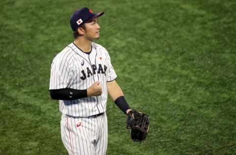 YOKOHAMA, JAPAN - AUGUST 04: Seiya Suzuki #51 of Team Japan looks on against Team Republic of Korea during the semifinals of men's baseball on day twelve of the Tokyo 2020 Olympic Games at Yokohama Baseball Stadium on August 04, 2021 in Yokohama, Japan. Team japan defeated Team Republic of Korea 5-2. (Photo by Yuichi Masuda/Getty Images)