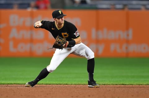 PITTSBURGH, PA – SEPTEMBER 14: Kevin Newman #27 of the Pittsburgh Pirates in action during the game against the Cincinnati Reds at PNC Park on September 14, 2021 in Pittsburgh, Pennsylvania. (Photo by Joe Sargent/Getty Images)