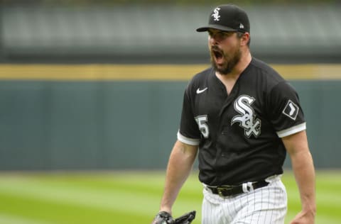 CHICAGO - OCTOBER 12: Carlos Rodon #55 of the Chicago White Sox reacts after getting the third out in the first inning during Game Four of the American League Division Series against the Houston Astros on October 12, 2021 at Guaranteed Rate Field in Chicago, Illinois. (Photo by Ron Vesely/Getty Images)