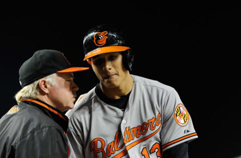 WASHINGTON, DC - MAY 28: Manny Machado #13 of the Baltimore Orioles talks with manager Buck Showalter #26 before hitting in the third inning during an interleague game against the Washington Nationals at Nationals Park on May 28, 2013 in Washington, DC. (Photo by Patrick McDermott/Getty Images)