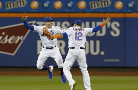 NEW YORK, NEW YORK - SEPTEMBER 14: Brandon Nimmo #9 and Juan Lagares #12 of the New York Mets celebrate after defeating the Los Angeles Dodgers at Citi Field on September 14, 2019 in New York City. The Mets defeated the Dodgers 3-0. (Photo by Jim McIsaac/Getty Images)