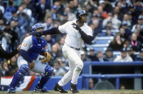 NEW YORK - CIRCA 2002: Bernie Williams #51 of the New York Yankees bats during a Major League Baseball game circa 2002 at Yankee Stadium in the Bronx borough of New York City. Williams played with the Yankees from 1991-2006. (Photo by Focus on Sport/Getty Images)