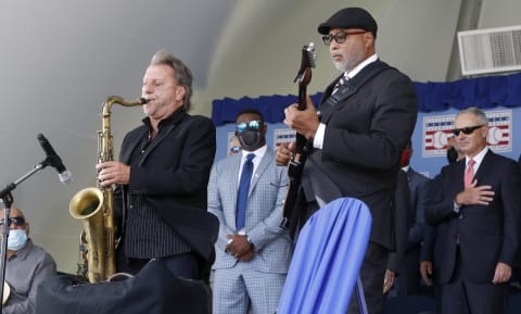 Former New York Yankee Bernie Williams (R) and Richie Cannata perform the national anthem during the Baseball Hall of Fame induction ceremony at Clark Sports Center on September 08, 2021 in Cooperstown, New York. (Photo by Jim McIsaac/Getty Images)