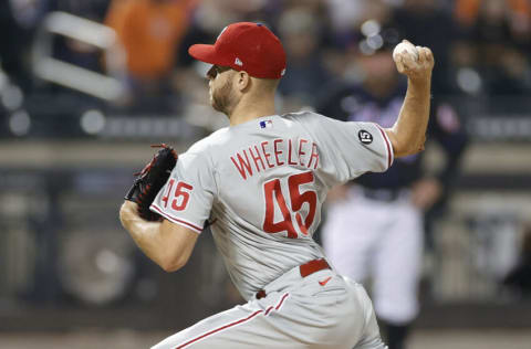 NEW YORK, NEW YORK - SEPTEMBER 17: Zack Wheeler #45 of the Philadelphia Phillies pitches during the first inning against the New York Mets at Citi Field on September 17, 2021 in the Queens borough of New York City. (Photo by Sarah Stier/Getty Images)