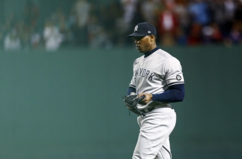 BOSTON, MASSACHUSETTS - SEPTEMBER 26: Relief pitcher Aroldis Chapman #54 of the New York Yankees walks to the mound in the bottom ninth inning of the game against the Boston Red Sox at Fenway Park on September 26, 2021 in Boston, Massachusetts. (Photo by Omar Rawlings/Getty Images)