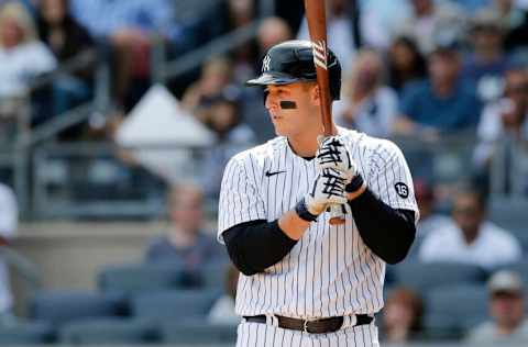 NEW YORK, NEW YORK - OCTOBER 02: Anthony Rizzo #48 of the New York Yankees in action against the Tampa Bay Rays at Yankee Stadium on October 02, 2021 in New York City. The Rays defeated the Yankees 12-2. (Photo by Jim McIsaac/Getty Images)