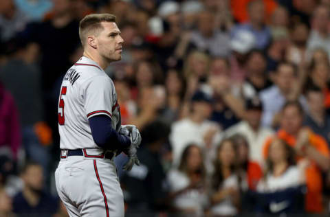 HOUSTON, TEXAS - NOVEMBER 02: Freddie Freeman #5 of the Atlanta Braves reacts after striking out against the Houston Astros during the first inning in Game Six of the World Series at Minute Maid Park on November 02, 2021 in Houston, Texas. (Photo by Elsa/Getty Images)