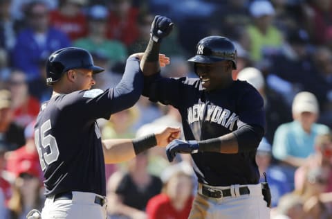 CLEARWATER, FLORIDA - MARCH 07: Estevan Florial #92 of the New York Yankees celebrates with Luke Voit #45 after hitting a three-run home run in the sixth inning against the Philadelphia Phillies during the Grapefruit League spring training game at Spectrum Field on March 07, 2019 in Clearwater, Florida. (Photo by Michael Reaves/Getty Images)