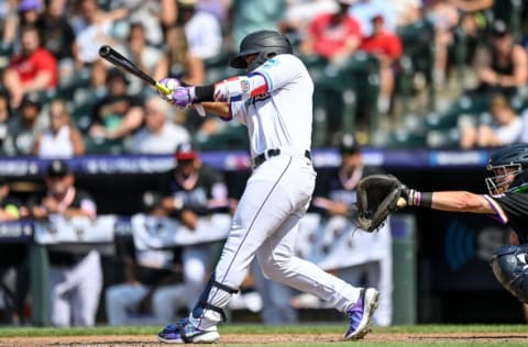 DENVER, CO - JULY 11: Jasson Dominguez #25 of American League Futures Team bats against the National League Futures Team at Coors Field on July 11, 2021 in Denver, Colorado.(Photo by Dustin Bradford/Getty Images)