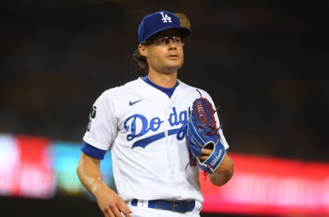 LOS ANGELES, CA - JULY 20: Joe Kelly #17 of the Los Angeles Dodgers runs to cover first base in the game against the San Francisco Giants at Dodger Stadium on July 20, 2021 in Los Angeles, California. (Photo by Jayne Kamin-Oncea/Getty Images)