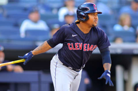 NEW YORK, NEW YORK - SEPTEMBER 19: Jose Ramirez #11 of the Cleveland Indians hits a two-run single in the eighth inning against the New York Yankees at Yankee Stadium on September 19, 2021 in New York City. (Photo by Mike Stobe/Getty Images)