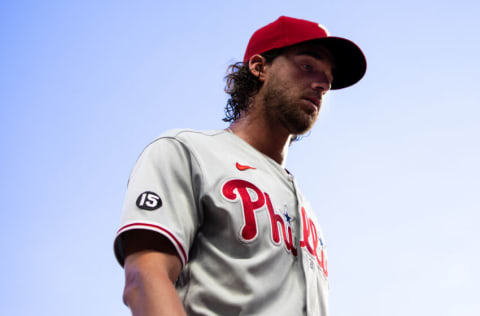 ATLANTA, GA - SEPTEMBER 29: Aaron Nola #27 of the Philadelphia Phillies walks into the dugout during game 2 of a series between the Atlanta Braves and the Philadelphia Phillies at Truist Park on September 29, 2021 in Atlanta, Georgia. (Photo by Casey Sykes/Getty Images)