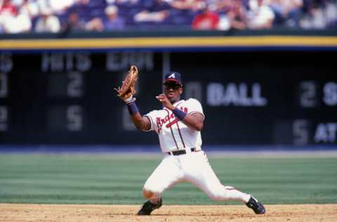 ATLANTA - 1997: Fred McGriff of the Atlanta Braves fields during a 19977 season game at Turner Field in Atlanta, Georgia. Fred McGriiff played for the Atlanta Braves from 1993-1997. (Photo by John Reid III/MLB Photos via Getty Images)