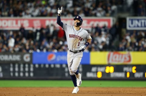 NEW YORK, NEW YORK - OCTOBER 17: Carlos Correa #1 of the Houston Astros celebrates his three-run home run against the New York Yankees during the sixth inning in game four of the American League Championship Series at Yankee Stadium on October 17, 2019 in New York City. Houston Astros defeated the New York Yankees 8-3. (Photo by Mike Stobe/Getty Images)