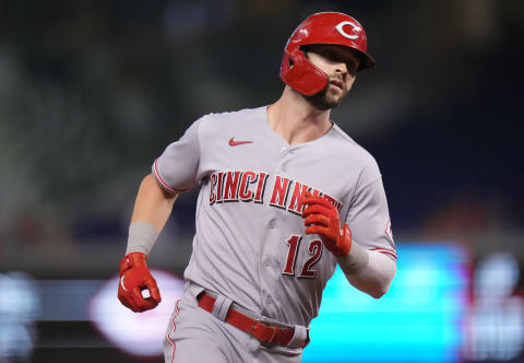 Tyler Naquin #12 of the Cincinnati Reds (Photo by Mark Brown/Getty Images)