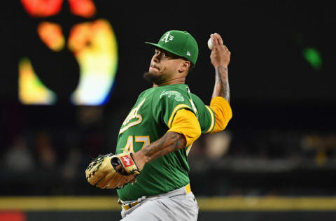 SEATTLE, WASHINGTON - SEPTEMBER 29: Frankie Montas #47 of the Oakland Athletics throws a pitch during the first inning against the Seattle Mariners at T-Mobile Park on September 29, 2021 in Seattle, Washington. (Photo by Alika Jenner/Getty Images)