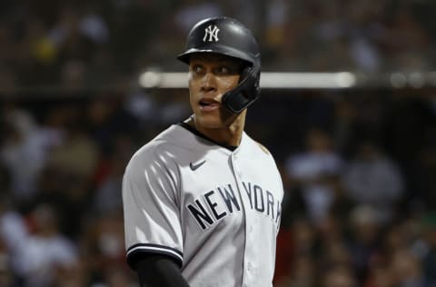 BOSTON, MA - OCTOBER 6: Aaron Judge #99 of the New York Yankees during the AL Wild Card playoff game against the Boston Red Sox at Fenway Park on October 6, 2021 in Boston, Massachusetts. (Photo By Winslow Townson/Getty Images)