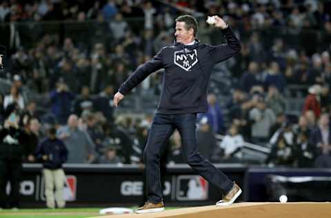 NEW YORK, NEW YORK - OCTOBER 17: Former New York Yankees player Paul O'Neill throws out the ceremonial first pitch prior to game four of the American League Championship Series between the Houston Astros and the New York Yankees at Yankee Stadium on October 17, 2019 in New York City. (Photo by Elsa/Getty Images)