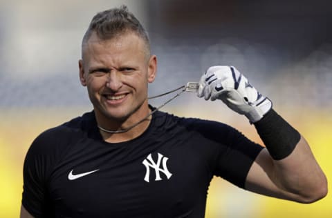 NEW YORK, NY - APRIL 14: Josh Donaldson #28 of the New York Yankees warms up before a game against the Toronto Blue Jays at Yankee Stadium on April 14, 2022 in the Bronx borough of New York City. (Photo by Adam Hunger/Getty Images)