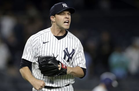 NEW YORK, NY - APRIL 14: Michael King #34 of the New York Yankees reacts after the final out of the game against the Toronto Blue Jays during the ninth inning at Yankee Stadium on April 14, 2022 in the Bronx borough of New York City. The Yankees won 3-0. (Photo by Adam Hunger/Getty Images)