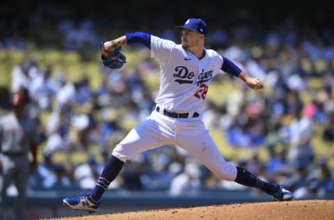 LOS ANGELES, CA - APRIL 17: Los Angeles Dodgers starting pitcher Andrew Heaney #28 pitches against the Cincinnati Reds in the third inning at Dodger Stadium on April 17, 2022 in Los Angeles, California. (Photo by John McCoy/Getty Images)