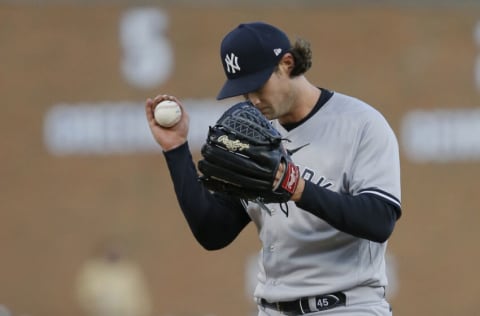 DETROIT, MI - APRIL 19: Gerrit Cole #45 of the New York Yankees reacts after walking Austin Meadows of the Detroit Tigers during the second inning, his last pitch of the night, at Comerica Park on April 19, 2022, in Detroit, Michigan. (Photo by Duane Burleson/Getty Images)