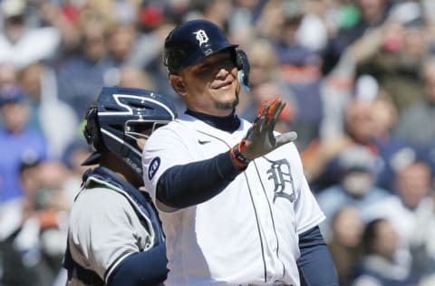 DETROIT, MI - APRIL 21: Miguel Cabrera #24 of the Detroit Tigers gestures to the first base umpire after he was called out after failing to check his swing on strike three during the sixth inning at Comerica Park on April 21, 2022, in Detroit, Michigan. Cabrera sits at 2,999 career hits. (Photo by Duane Burleson/Getty Images)