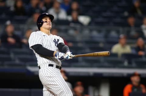 NEW YORK, NEW YORK - APRIL 26: Anthony Rizzo #48 of the New York Yankees hits his third home run of the game in the eighth inning against the Baltimore Orioles at Yankee Stadium on April 26, 2022 in New York City. New York Yankees defeated the Baltimore Orioles 12-8. (Photo by Mike Stobe/Getty Images)