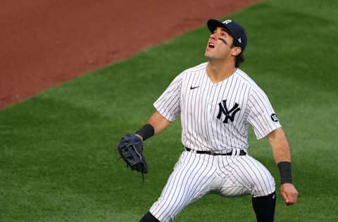 NEW YORK, NY - APRIL 20: Mike Tauchman #39 of the New York Yankees in action against the Atlanta Braves during an MLB baseball game at Yankee Stadium on April 20, 2021 in New York City. (Photo by Rich Schultz/Getty Images)