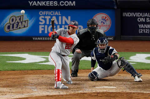 NEW YORK, NEW YORK - MAY 07: (NEW YORK DAILIES OUT) Juan Soto #22 of the Washington Nationals connects on an eighth inning base hit against the New York Yankees at Yankee Stadium on May 07, 2021 in New York City. The Nationals defeated the Yankees 11-4. (Photo by Jim McIsaac/Getty Images)