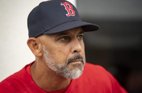 FORT MYERS, FLORIDA - MARCH 20: Manager Alex Cora #13 of the Boston Red Sox addresses the media during spring training team workouts at JetBlue Park at Fenway South on March 20, 2022 in Fort Myers, Florida. (Photo by Maddie Malhotra/Boston Red Sox/Getty Images)