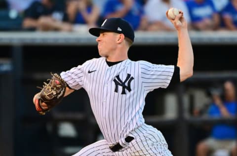 TAMPA, FLORIDA - MARCH 30: JP Sears #92 of the New York Yankees delivers a pitch against the Toronto Blue Jays in the fourth inning during a Grapefruit League spring training game at George Steinbrenner Field on March 30, 2022 in Tampa, Florida. (Photo by Julio Aguilar/Getty Images)